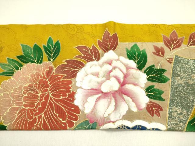 平和屋着物●アンティーク　大正ロマン　九寸名古屋帯　刺繍　地紙草花文　金彩　正絹　逸品　DABD0632op