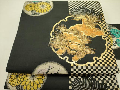 平和屋着物●アンティーク　大正ロマン　九寸名古屋帯　唐織　唐獅子　雪輪花文　黒地　金銀糸　正絹　逸品　DABD0633op