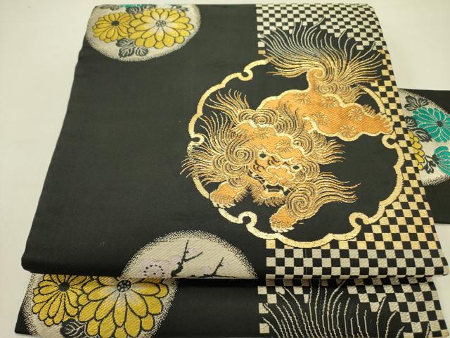 平和屋着物●アンティーク　大正ロマン　九寸名古屋帯　唐織　唐獅子　雪輪花文　黒地　金銀糸　正絹　逸品　DABD0633op