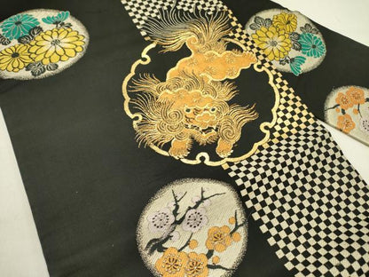 平和屋着物●アンティーク　大正ロマン　九寸名古屋帯　唐織　唐獅子　雪輪花文　黒地　金銀糸　正絹　逸品　DABD0633op