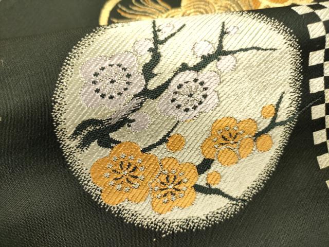 平和屋着物●アンティーク　大正ロマン　九寸名古屋帯　唐織　唐獅子　雪輪花文　黒地　金銀糸　正絹　逸品　DABD0633op