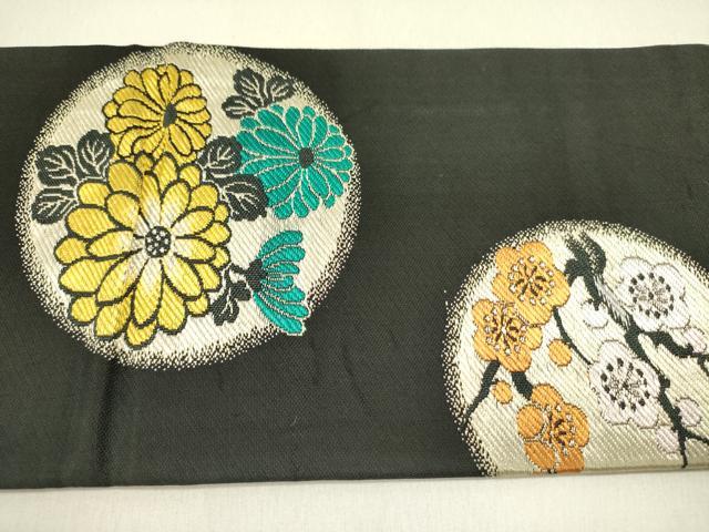 平和屋着物●アンティーク　大正ロマン　九寸名古屋帯　唐織　唐獅子　雪輪花文　黒地　金銀糸　正絹　逸品　DABD0633op