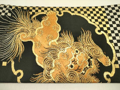 平和屋着物●アンティーク　大正ロマン　九寸名古屋帯　唐織　唐獅子　雪輪花文　黒地　金銀糸　正絹　逸品　DABD0633op