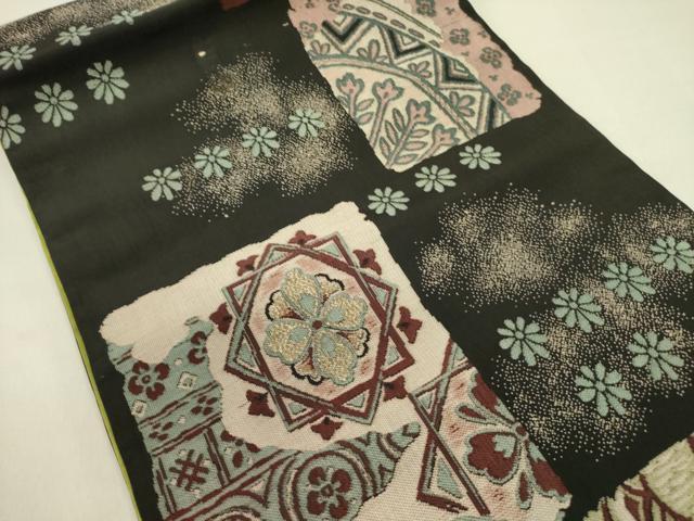 平和屋着物●アンティーク　大正ロマン　六通柄京袋帯　抽象花文　黒地　金糸　正絹　逸品　DABD0634op