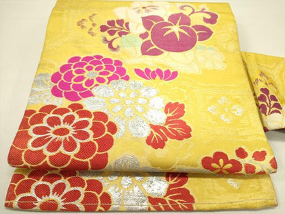 平和屋着物●アンティーク　大正ロマン　九寸名古屋帯　唐織　草花　銀糸　正絹　逸品　DABD0635op