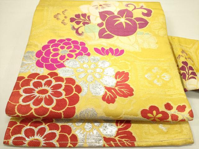 平和屋着物●アンティーク　大正ロマン　九寸名古屋帯　唐織　草花　銀糸　正絹　逸品　DABD0635op