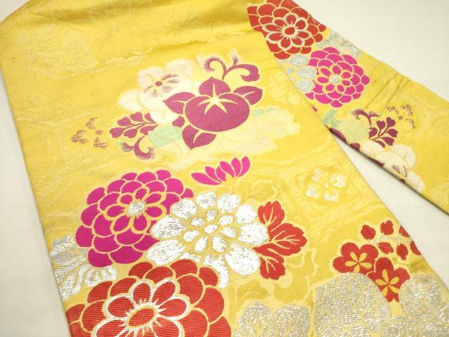 平和屋着物●アンティーク　大正ロマン　九寸名古屋帯　唐織　草花　銀糸　正絹　逸品　DABD0635op