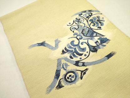 平和屋着物●八寸名古屋帯　本藍　すくい織　紬地　花鳥文　正絹　逸品　DABD0636op