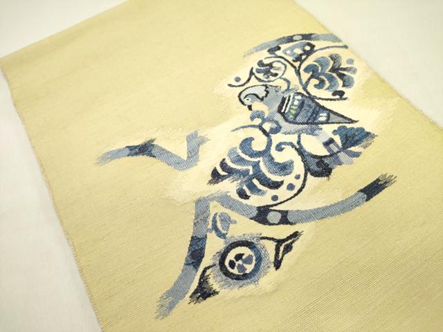 平和屋着物●八寸名古屋帯　本藍　すくい織　紬地　花鳥文　正絹　逸品　DABD0636op