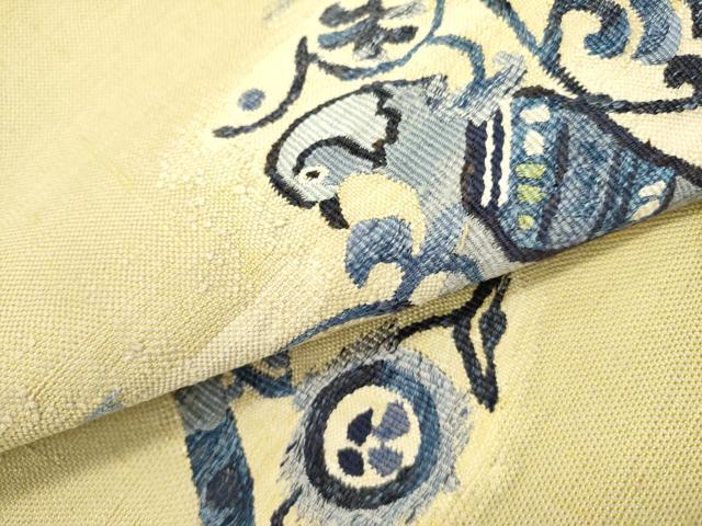 平和屋着物●八寸名古屋帯　本藍　すくい織　紬地　花鳥文　正絹　逸品　DABD0636op