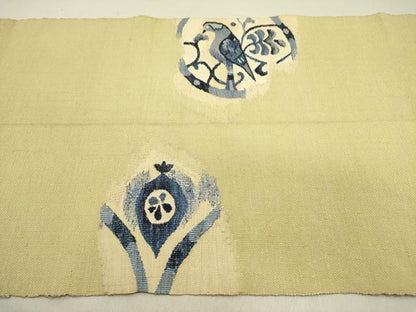 平和屋着物●八寸名古屋帯　本藍　すくい織　紬地　花鳥文　正絹　逸品　DABD0636op