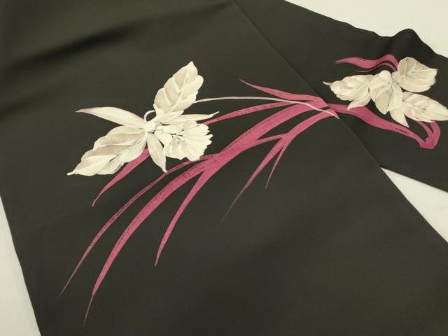 平和屋着物●塩瀬　九寸名古屋帯　草花　黒地　正絹　逸品　DABD0637op