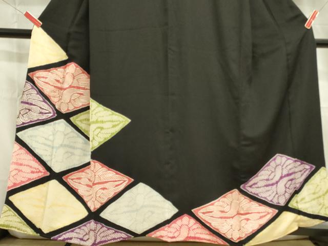 平和屋着物■豪華黒留袖 駒刺繍 絞り 双鶴菱文 正絹 逸品 DABD0657op
