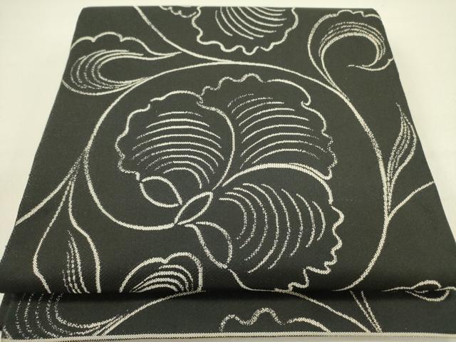 平和屋着物●六通柄　本袋帯　更紗草花文　黒地　正絹　逸品　DABD0696op