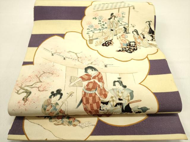 平和屋着物●アンティーク　大正ロマン　丸帯　刺繍　人物風景文　正絹　逸品　DABD0704op