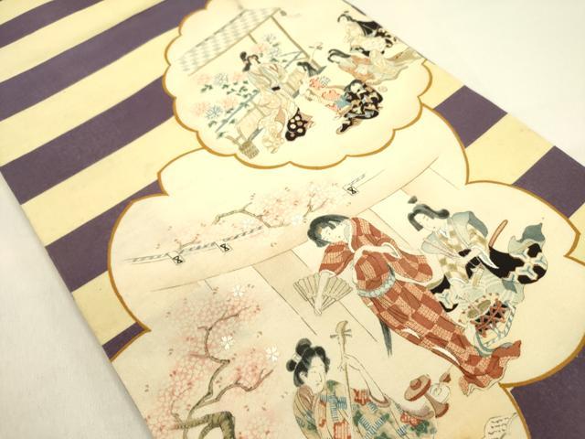 平和屋着物●アンティーク　大正ロマン　丸帯　刺繍　人物風景文　正絹　逸品　DABD0704op