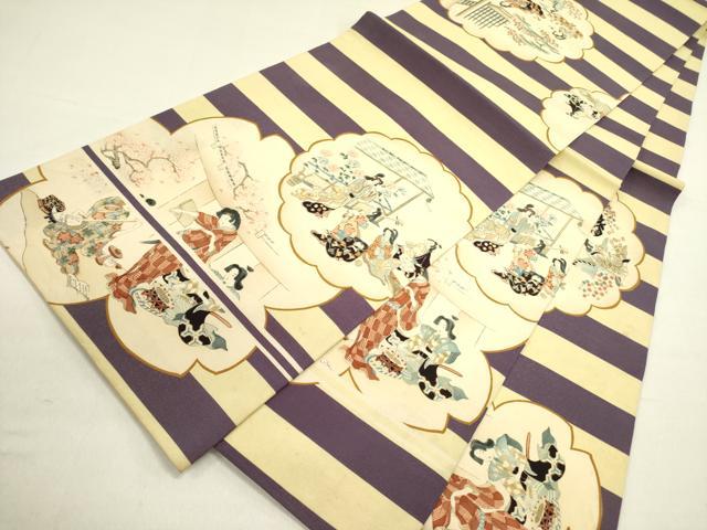 平和屋着物●アンティーク　大正ロマン　丸帯　刺繍　人物風景文　正絹　逸品　DABD0704op