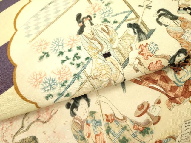 平和屋着物●アンティーク　大正ロマン　丸帯　刺繍　人物風景文　正絹　逸品　DABD0704op