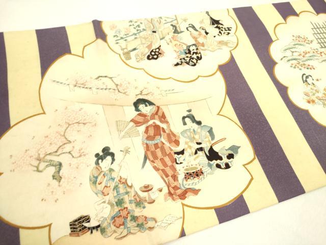 平和屋着物●アンティーク　大正ロマン　丸帯　刺繍　人物風景文　正絹　逸品　DABD0704op