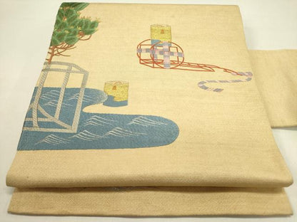 平和屋着物●アンティーク　大正ロマン　九寸名古屋帯　総手刺繍　枝松　器物文　金銀糸　正絹　逸品　DABD0705op