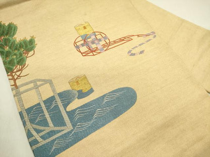 平和屋着物●アンティーク　大正ロマン　九寸名古屋帯　総手刺繍　枝松　器物文　金銀糸　正絹　逸品　DABD0705op