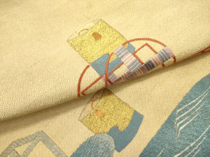 平和屋着物●アンティーク　大正ロマン　九寸名古屋帯　総手刺繍　枝松　器物文　金銀糸　正絹　逸品　DABD0705op