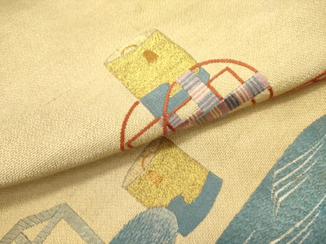 平和屋着物●アンティーク　大正ロマン　九寸名古屋帯　総手刺繍　枝松　器物文　金銀糸　正絹　逸品　DABD0705op