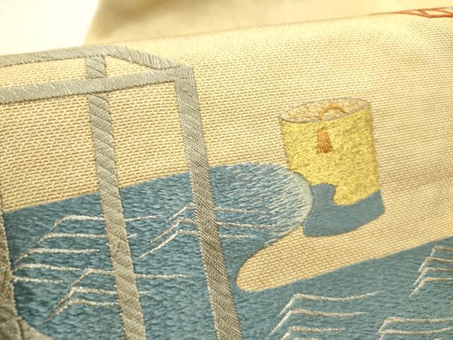平和屋着物●アンティーク　大正ロマン　九寸名古屋帯　総手刺繍　枝松　器物文　金銀糸　正絹　逸品　DABD0705op