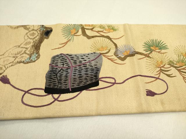 平和屋着物●アンティーク　大正ロマン　九寸名古屋帯　総手刺繍　枝松　器物文　金銀糸　正絹　逸品　DABD0705op