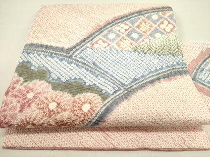 平和屋着物●名門　藤娘きぬたや・総絞り　九寸名古屋帯　地紙花文　正絹　逸品　DABD0707op