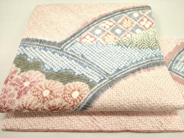 平和屋着物●名門　藤娘きぬたや・総絞り　九寸名古屋帯　地紙花文　正絹　逸品　DABD0707op