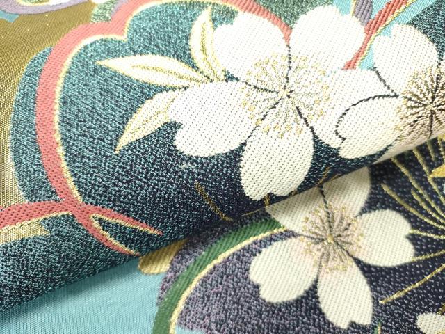 平和屋着物●六通柄袋帯　花重ね　金銀糸　正絹　逸品　DABD0710op