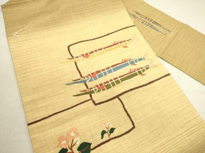 平和屋着物●九寸名古屋帯　紬地　魚　草花　正絹　逸品　DABD0719op