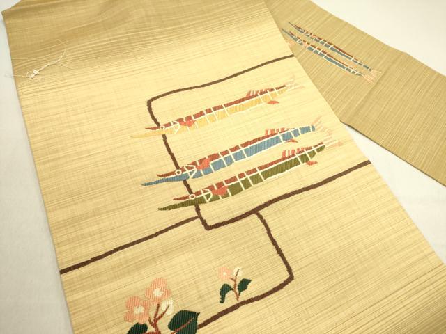 平和屋着物●九寸名古屋帯　紬地　魚　草花　正絹　逸品　DABD0719op