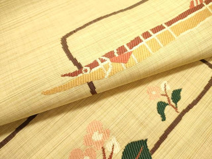 平和屋着物●九寸名古屋帯　紬地　魚　草花　正絹　逸品　DABD0719op