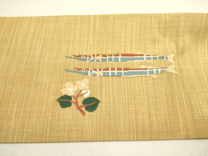 平和屋着物●九寸名古屋帯　紬地　魚　草花　正絹　逸品　DABD0719op