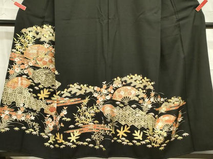 平和屋着物■豪華黒留袖　駒刺繍　扇面七宝花文　金彩　正絹　逸品　DABD0731op