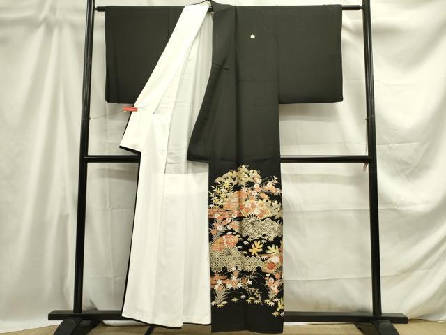 平和屋着物■豪華黒留袖　駒刺繍　扇面七宝花文　金彩　正絹　逸品　DABD0731op