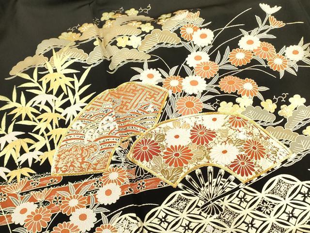平和屋着物■豪華黒留袖　駒刺繍　扇面七宝花文　金彩　正絹　逸品　DABD0731op