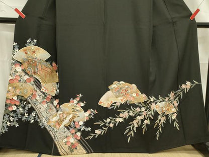 平和屋着物■豪華黒留袖　駒刺繍　地紙飛鶴花文　金彩　正絹　逸品　DABD0796op