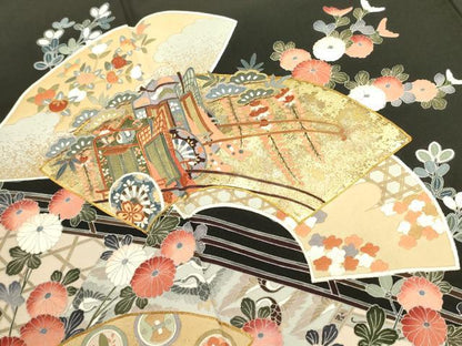 平和屋着物■豪華黒留袖　駒刺繍　地紙飛鶴花文　金彩　正絹　逸品　DABD0796op