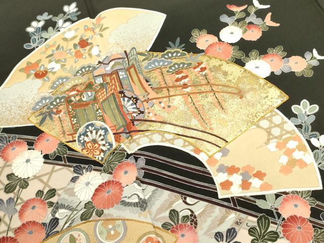 平和屋着物■豪華黒留袖　駒刺繍　地紙飛鶴花文　金彩　正絹　逸品　DABD0796op
