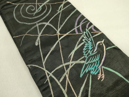 平和屋着物●アンティーク　大正ロマン　両面　半幅帯　総手刺繍　飛鳥文　黒地　正絹　逸品　DABD0802op