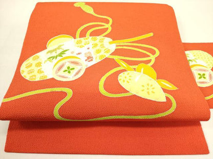 平和屋着物●九寸名古屋帯　刺繍　型染　器物文様　鬼しぼ縮緬　正絹　逸品　DABD0806op