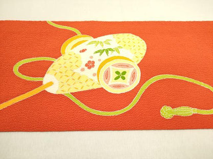 平和屋着物●九寸名古屋帯　刺繍　型染　器物文様　鬼しぼ縮緬　正絹　逸品　DABD0806op