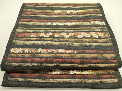 平和屋着物●西陣　織楽浅野　六通柄袋帯　横段花文　金糸　正絹　逸品　DABD0808op