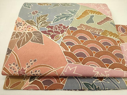 平和屋着物●全通柄九寸名古屋帯　型染　花松文　鬼しぼ縮緬　正絹　逸品　DABD0818op