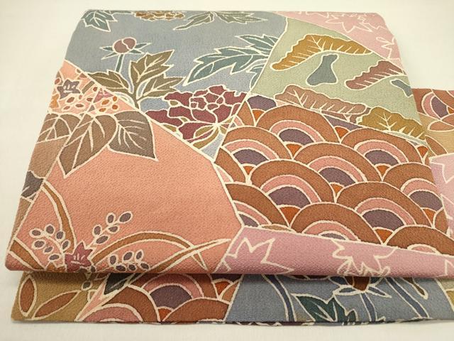 平和屋着物●全通柄九寸名古屋帯　型染　花松文　鬼しぼ縮緬　正絹　逸品　DABD0818op