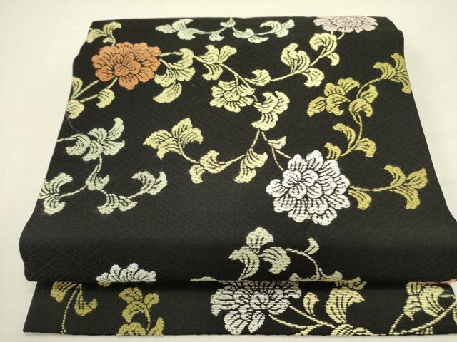 平和屋着物●つけ帯　唐織　更紗花文　黒地　正絹　逸品　DABD0819op