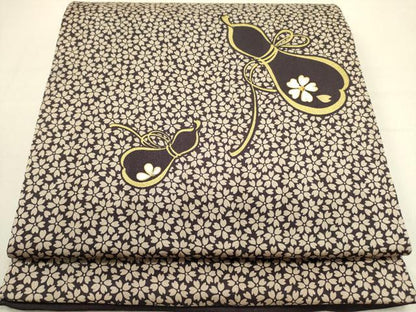 平和屋着物●九寸開き名古屋帯　駒刺繍　瓢箪花文　ひょうたん　金彩　正絹　逸品　DABD0822op